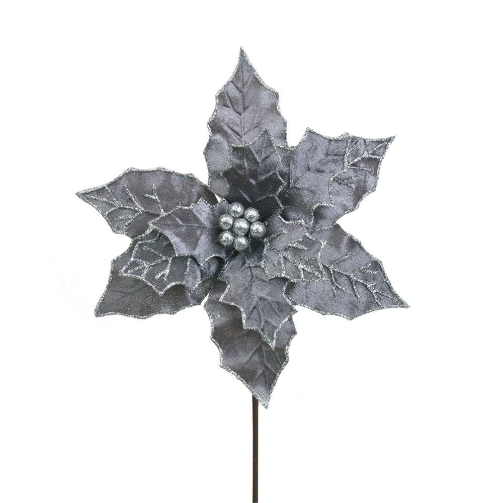 31CM MIDNIGHT GREY VELVET POINSETTIA 50CM STEM
