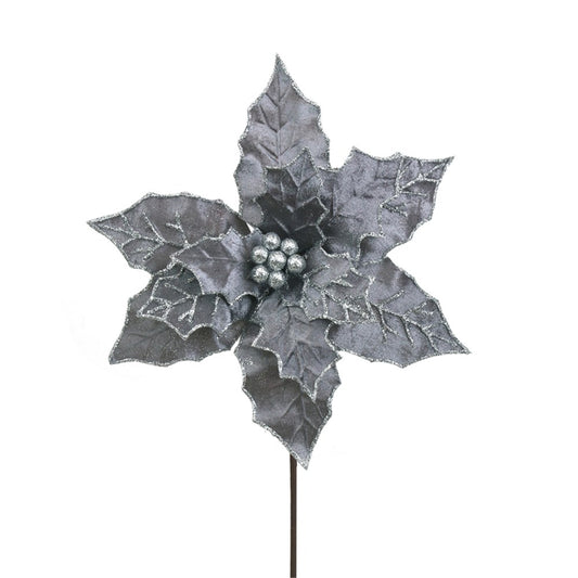 31CM MIDNIGHT GREY VELVET POINSETTIA 50CM STEM