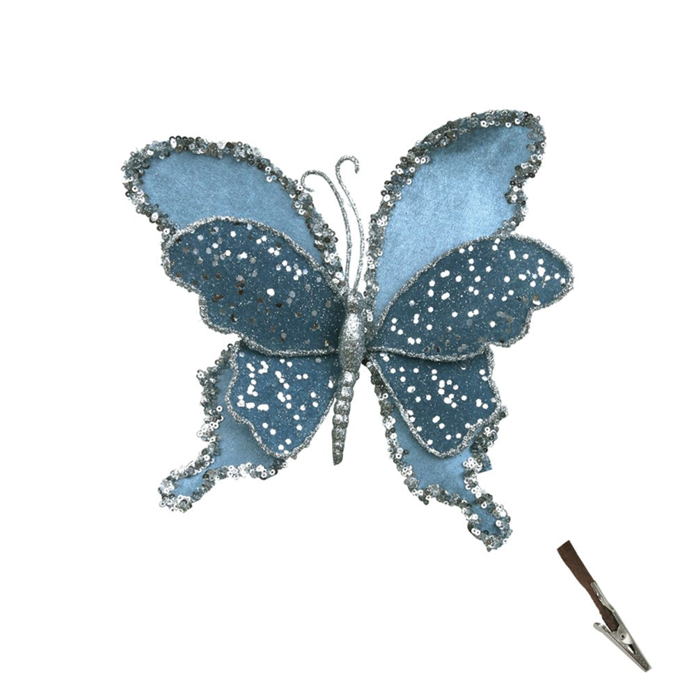 22CM BLUE DENIM VELVET BUTTERFLY W/GLITTER DETAILS & CLIP