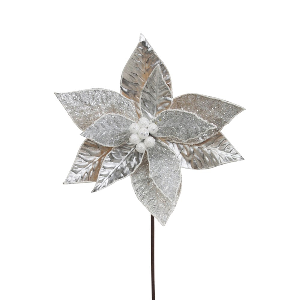 27CM SILVER POINSETTIA W/WHITE DETAILS 50CM STEM