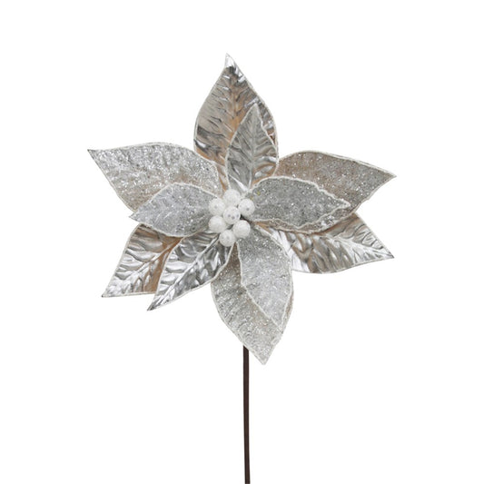 27CM SILVER POINSETTIA W/WHITE DETAILS 50CM STEM