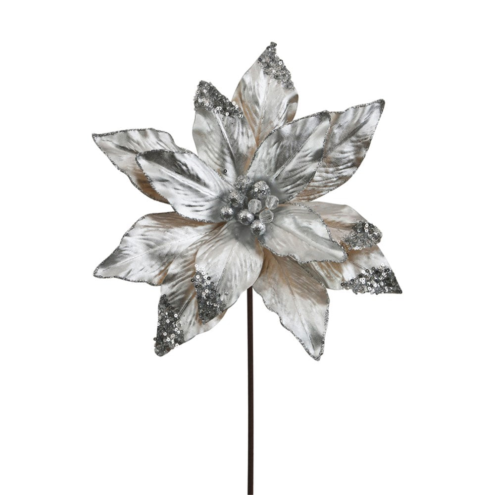 30CM SILVER POINSETTIA W/JEWELLED CENTRE 50CM STEM