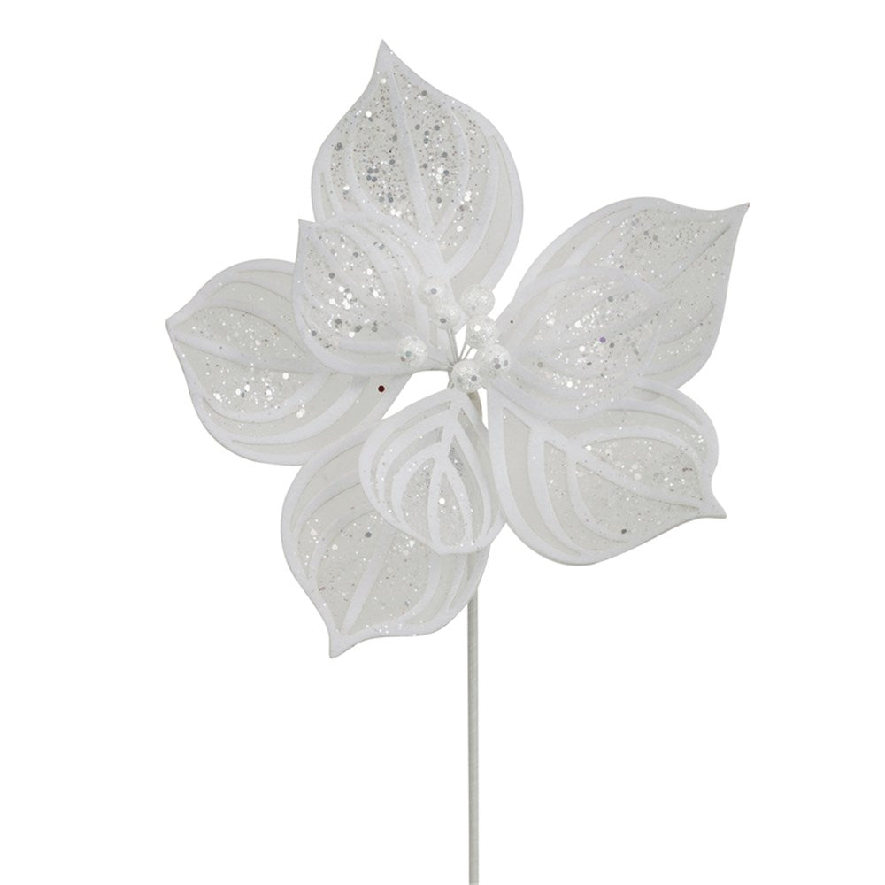27CM WHITE LACE POINSETTIA W/GLITTER DETAILS 50CM STEM