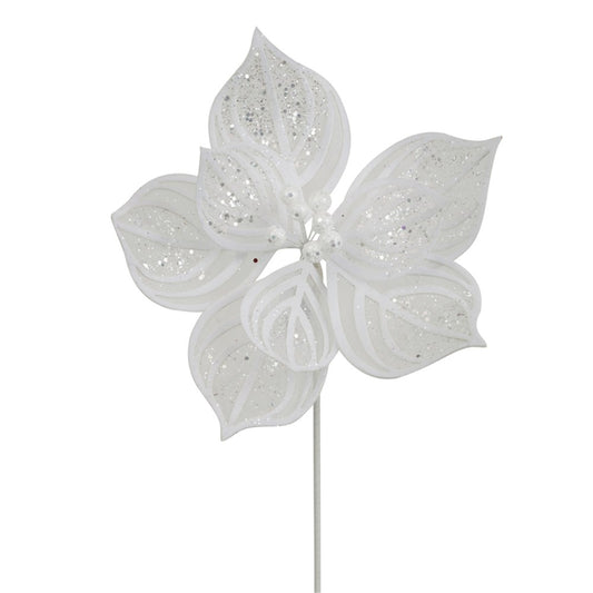 27CM WHITE LACE POINSETTIA W/GLITTER DETAILS 50CM STEM