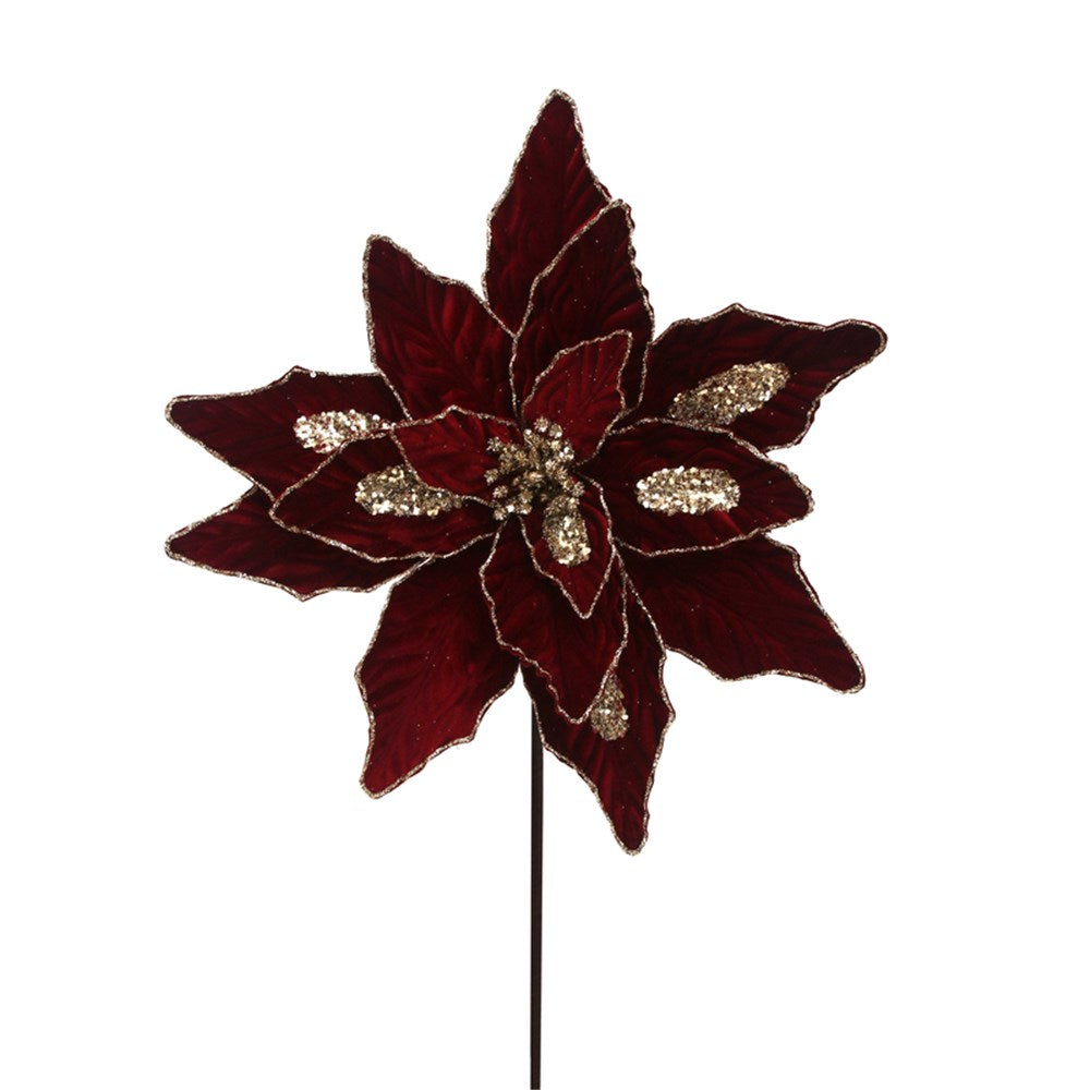 41CM BURGUNDY VELVET POINSETTIA W/GLITTER DETAILS 50CM STEM