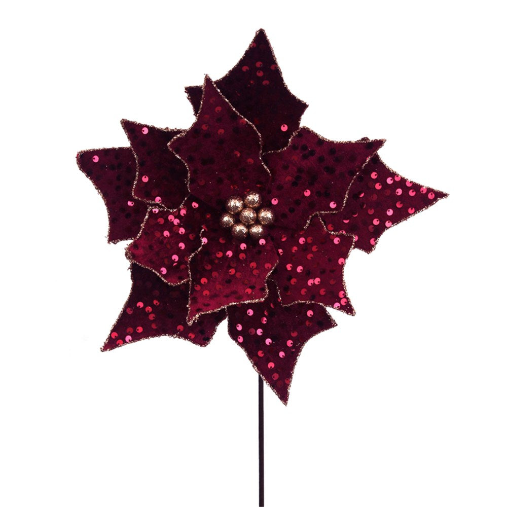 29CM PLUM SEQUIN POINSETTIA W/CHAMPAGNE DETAILS 50CM STEM