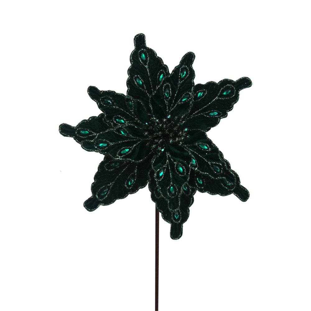 28CM EMERALD GREEN POINSETTIA W/JEWELS 50CM STEM