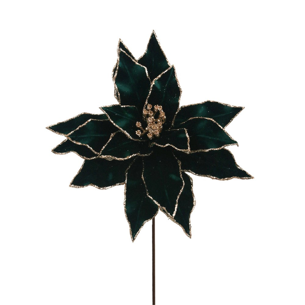 30CM EMERALD VELVET POINSETTIA W/GLITTER DETAILS 50CM STEM