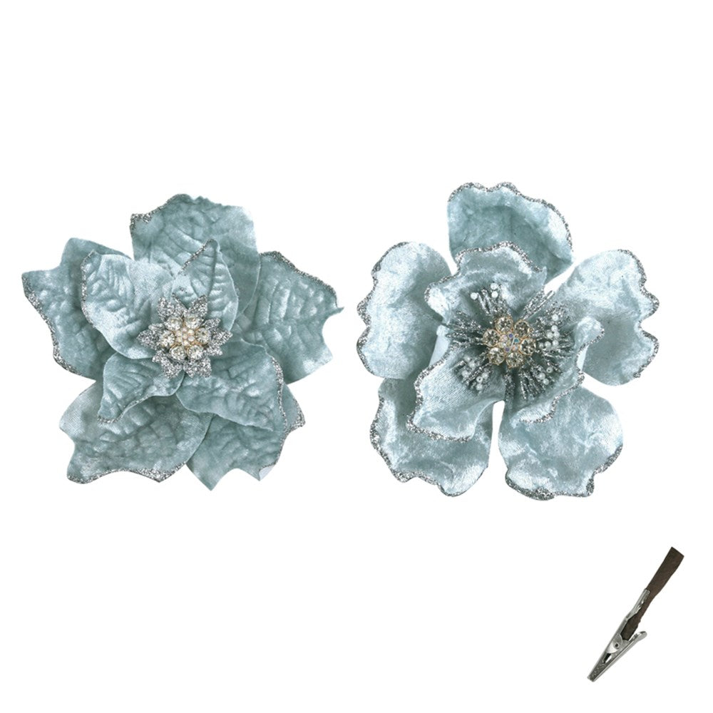 2A 14CM ARCTIC BLUE POINSETTIA & MAGNOLIA CLIP