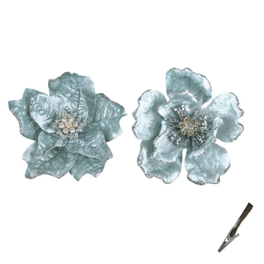 2A 14CM ARCTIC BLUE POINSETTIA & MAGNOLIA CLIP