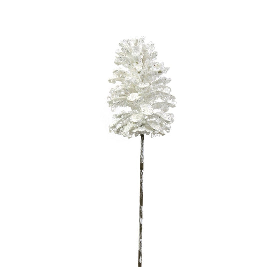 15CM WHITE CRYSTAL PINECONE ON STEM