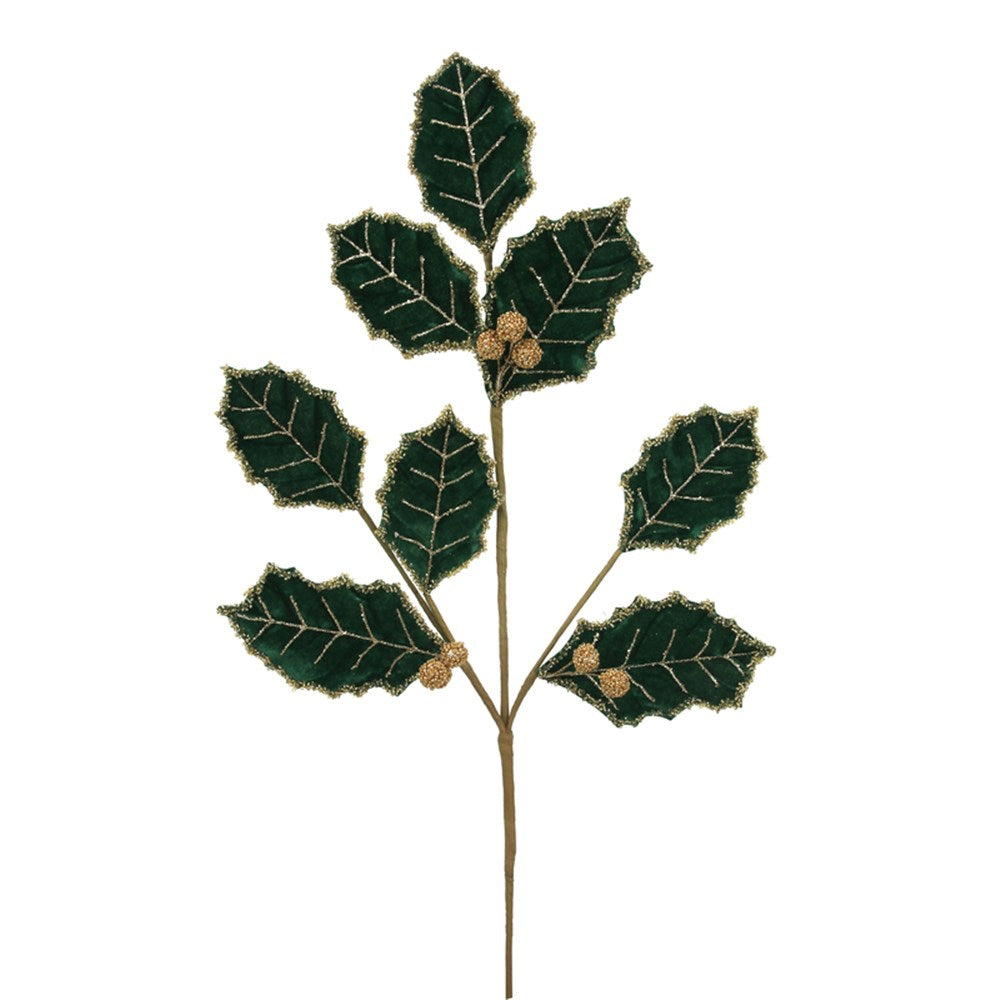69CM EMERALD GREEN VELVET HOLLY STEM W/GOLD DETAILS