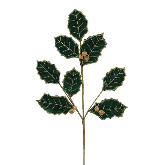 69CM EMERALD GREEN VELVET HOLLY STEM W/GOLD DETAILS