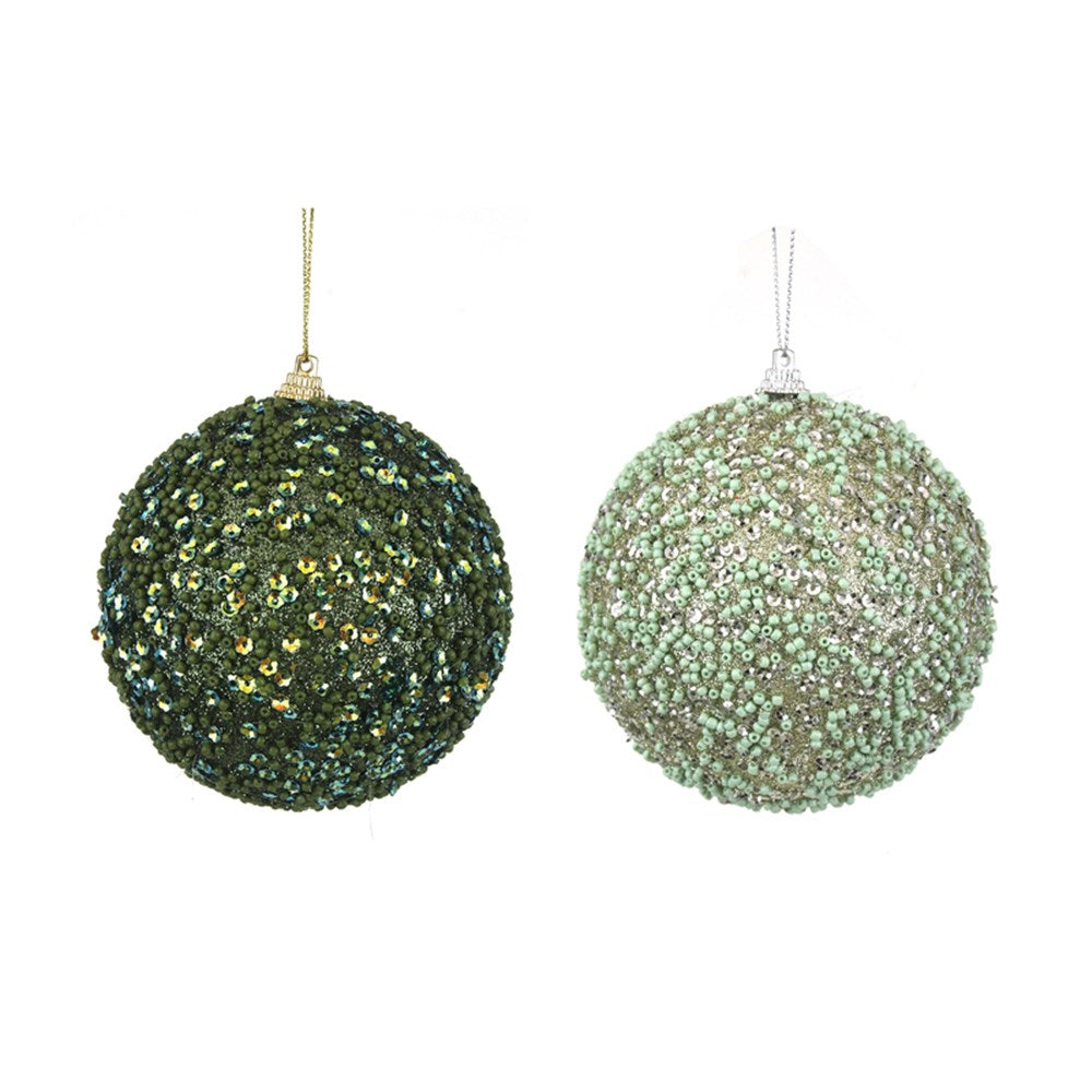 2A 10CM GLITTER BEADED BALL SAGE & PLATINUM