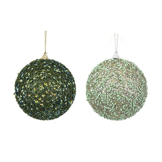 2A 10CM GLITTER BEADED BALL SAGE & PLATINUM
