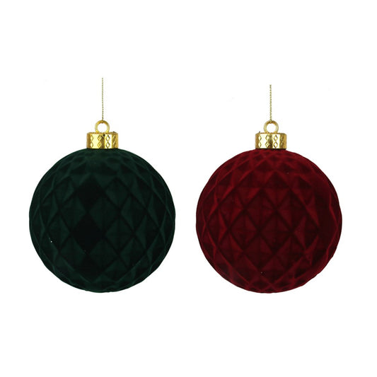 2A 12CM FLOCKED BALLS BURGUNDY & EMERALD GREEN
