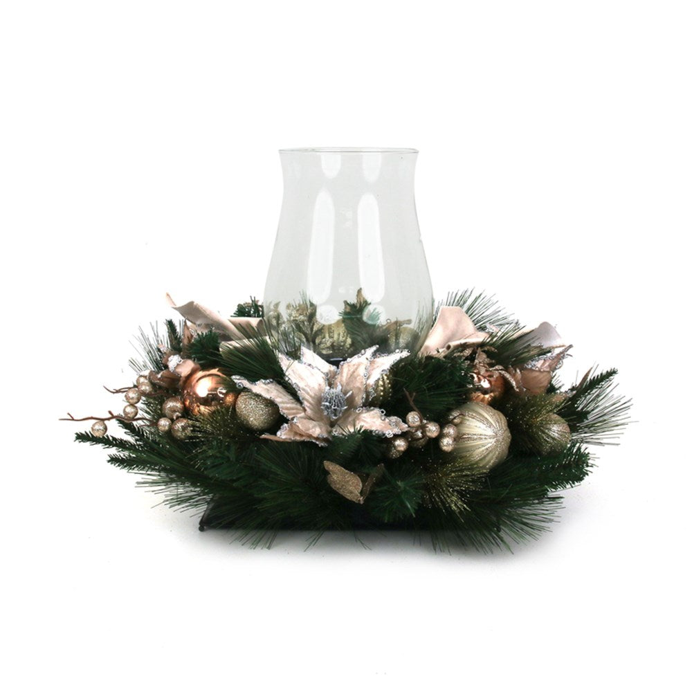 70X46 SINGLE CANDLE HOLDER CHAMPAGNE DECORATED POINSETTIA WREATH
