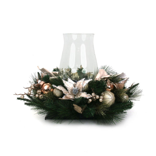 70X46 SINGLE CANDLE HOLDER CHAMPAGNE DECORATED POINSETTIA WREATH