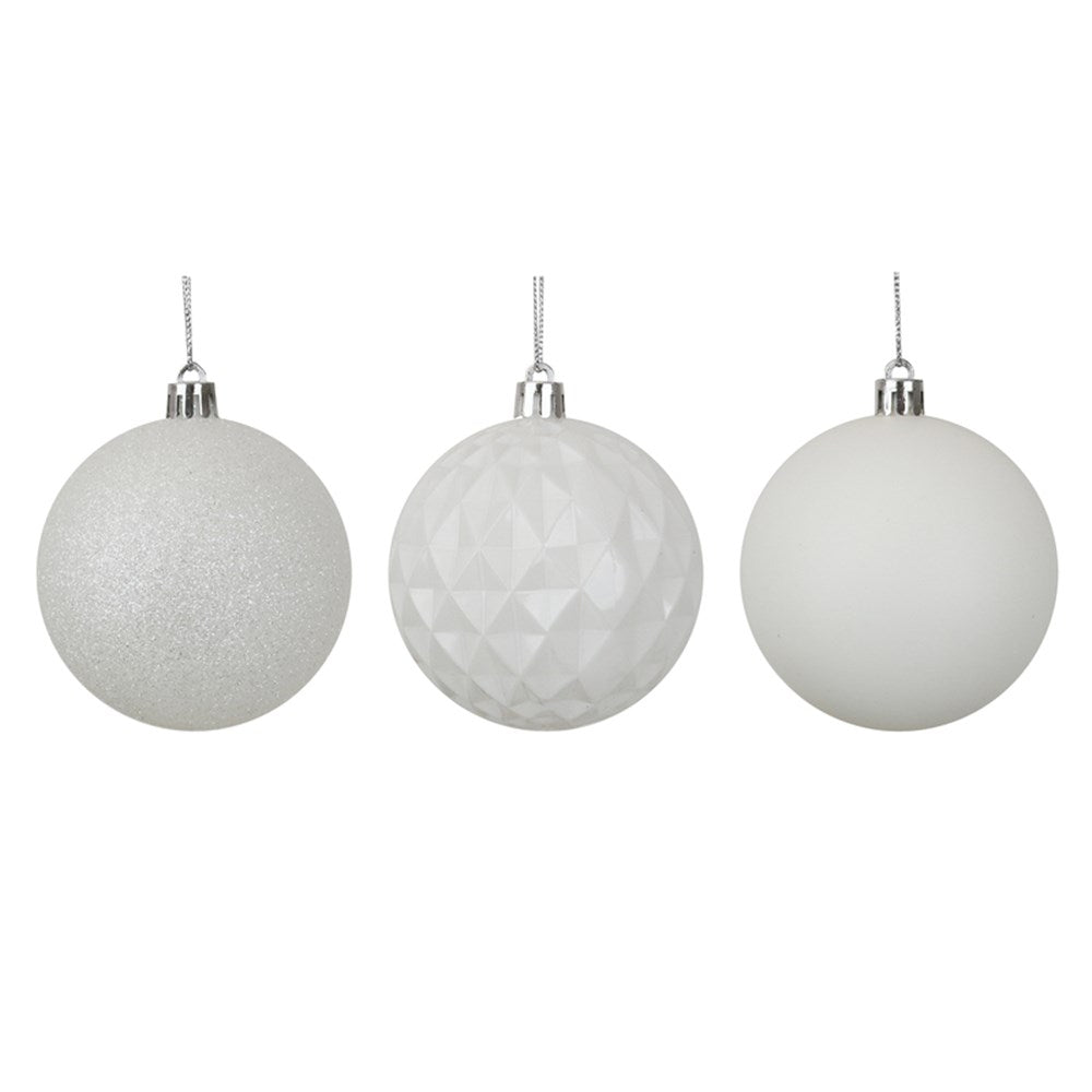4PK 8CM WHITE SHATTERPROOF BAUBLES IN PVC TUBE & BLACK PDQ