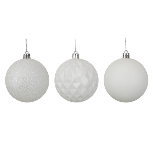 4PK 8CM WHITE SHATTERPROOF BAUBLES IN PVC TUBE & BLACK PDQ