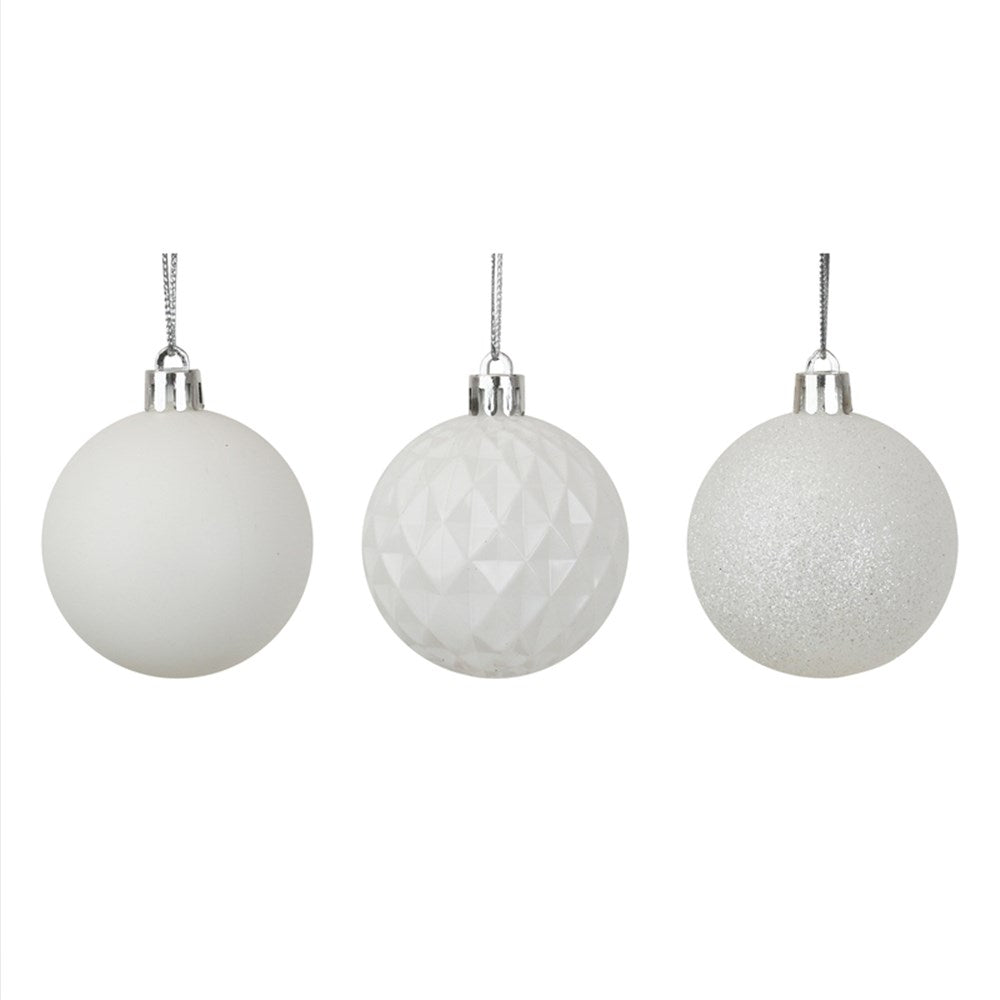 8PK 6CM WHITE SHATTERPROOF BAUBLES IN PVC TUBE & BLACK PDQ