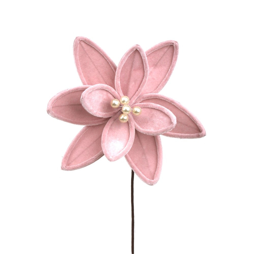 28CM PINK VELVET POINSETTIA WITH PEARLS STEM