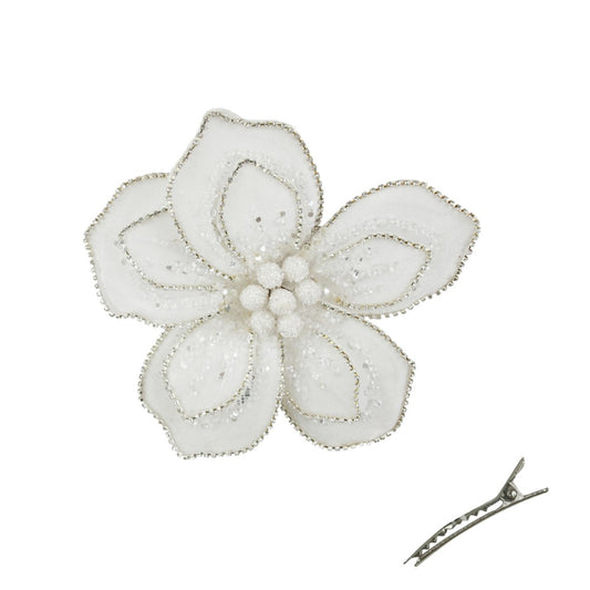 18CM WHITE VELVET FLOWER W/SILVER JEWELS & CLIP