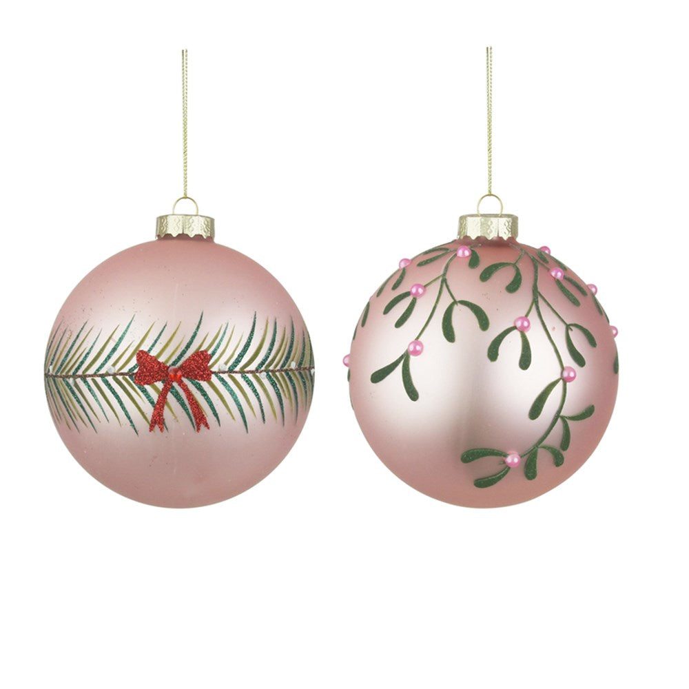 2A 12CM PALE PINK GLASS BAUBLES W/HAND PAINTED DETAILS