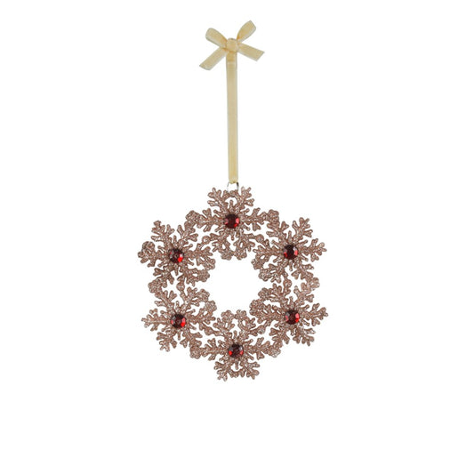 12.6CM ROSE GOLD GLITTER W/RED JEWELS WREATH TREE DECO