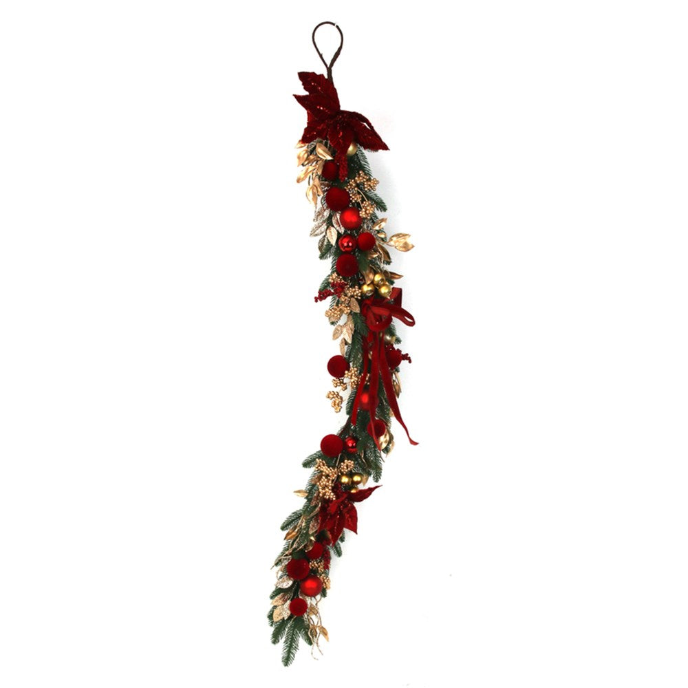 140CM PREDECORATED PINE GARLAND W/RED POINSETTIA & GOLD LEAVES