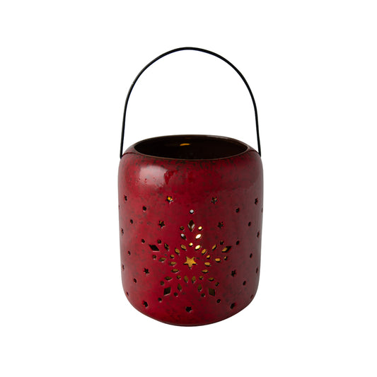 CERAMIC LANTERN RED STAR SML W:12 D:12 H:14cm